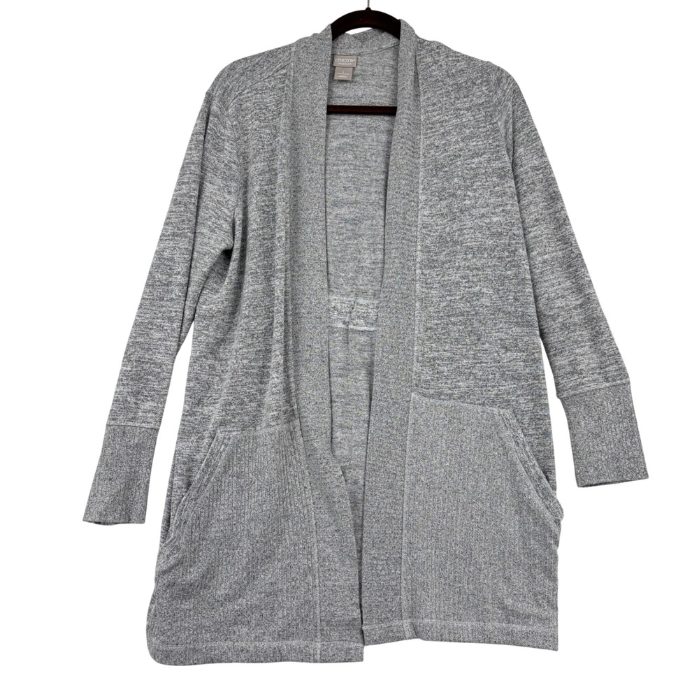 Chico's Zenergy Open Front Cardigan Sweater Size 8/10 Gray Heathered Pockets